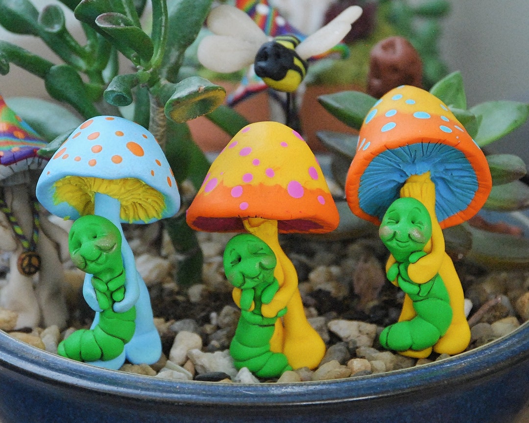 Fairy Garden Polymer Clay Sculpted Mushroom Man With Caterpillar ...