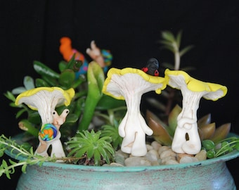 Herb Garden sculpted Yellow Chanterelle Mushroom Men with snail and ladybug friends