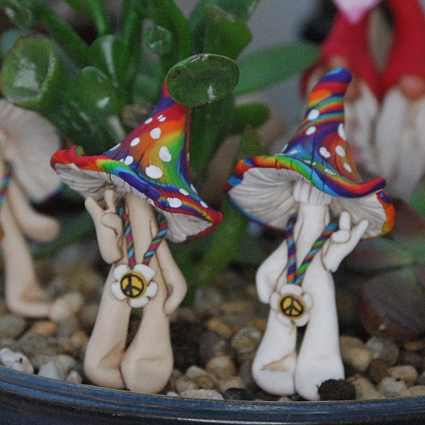 Fairy Garden polymer clay sculpted Hippie Mushrooms with flower peace necklace