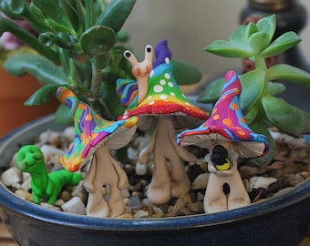 Polymer Clay Mushroom Garden Decor, Miniature Gnome, Ladybug, Snail