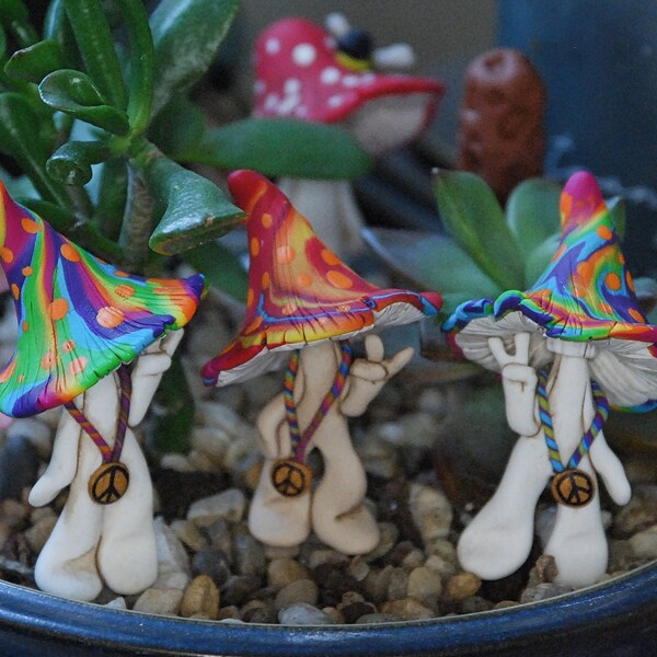 polymer clay sculpted Tie-Dyed Hippie Mushroom Men for your flower garden