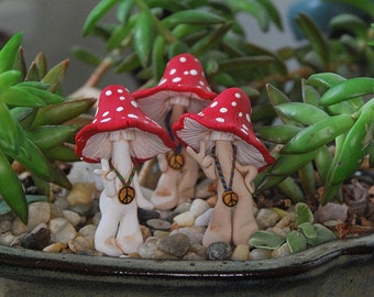 Fairy Garden polymer clay sculpted Hippie Mushroom Men with Red Caps