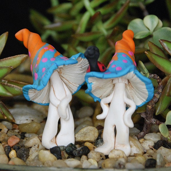 Fairy Garden Sculpted Clay Mushroom Men Figurines with Turquoise and Orange caps