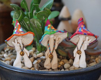 Fairy Garden polymer clay sculpted Tie-Dyed Hippie Mushroom Men
