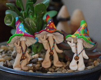 polymer clay sculpted Tie-Dyed Hippie Mushroom Men for your flower garden