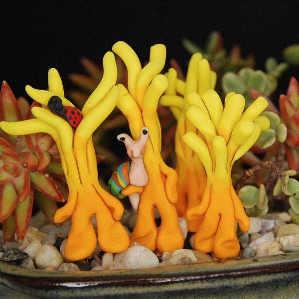 Herb Garden sculpted Yellow Club Coral Mushroom Men with Snail and Ladybug friends