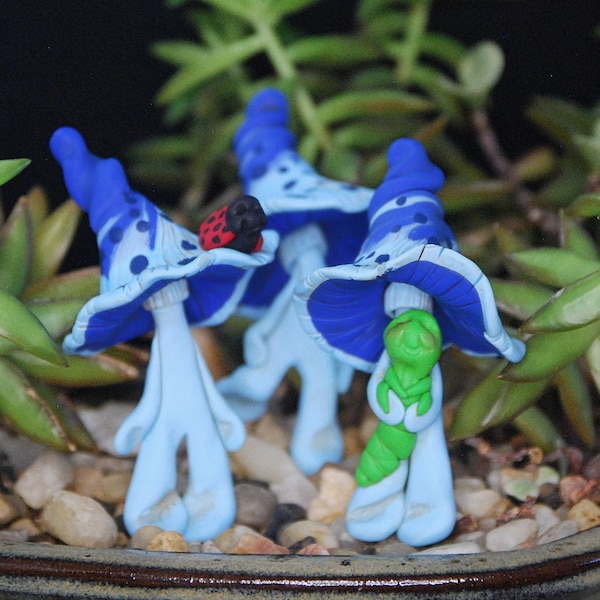 Fairy Garden sculpted Indigo Milk Cap Mushroom Men with caterpillar, snail, and ladybug friends