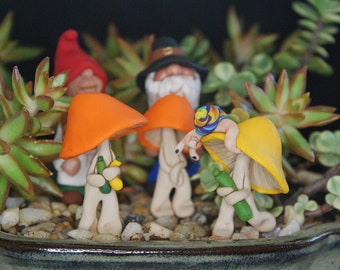 Bountiful Harvest sculpted clay Porcini Mushroom men gathering the fall squash for your Thanksgiving gnome garden