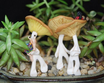 Sculpted Polymer Broad-Gilled Agaric Mushroom People for your Miniature Garden with snail or ladybug friends