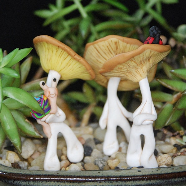 Champiñón agárico de branquias anchas de polímero esculpido para su jardín en miniatura con amigos caracoles o mariquitas