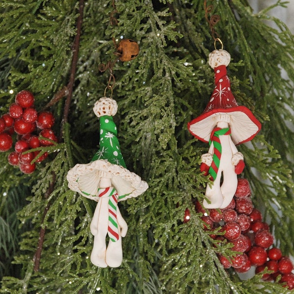 Sculpted Mushroom Man, Family, and Angel Ornaments for a whimsical Christmas Tree