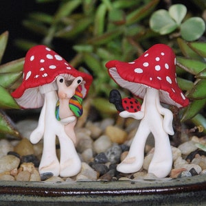 Medium Fairy Garden sculpted clay Mushroom Men with wide, flat Red caps