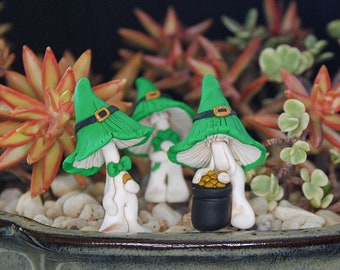 Fairy Garden St. Patrick's Day sculpted clay Mushroom Man with pot of gold