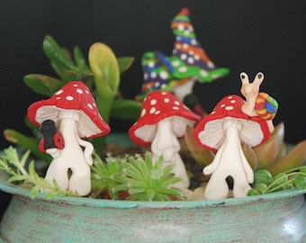 Miniature Fairy Gardens sculpted Clay Mushroom Men