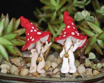 Fairy Garden polymer clay sculpted Hippie Mushroom Men with Red Caps