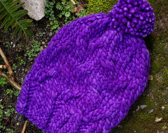 Luxury Super Chunky, Cable Knit, Handknit, 100% Merino Wool, Violet, Hat with Handmade Pom-Pom