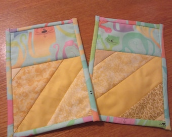 Yellow Cat Coasters: Quilted Mug Mats, Cat Lover Gift