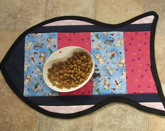 Reversible Fish Shaped Cat Feeding Mat: Quilted Cotton Cat Placemat