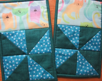 Blue quilted cat coasters, padded drink mat set, Mum's housewarming, gift for cat lovers