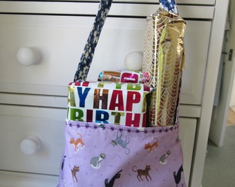 Lilac Cat Mini Tote Bag: Reversible Play Shoulder Bag, Gift for grand-daughter
