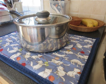 Cat Fabric Hot Pad: Blue Kitchen Heat Protector, Tray Mat