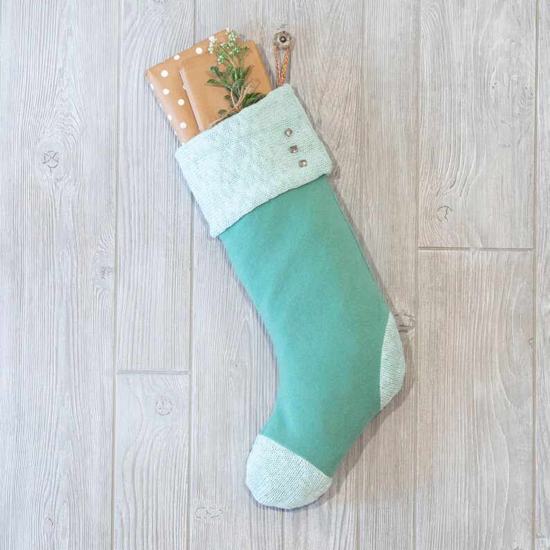 Aqua Cashmere Ooak Norskehuvia Sage Lining Sky Blue Knit Orlando Custom Boutique New Handmade Christmas Stocking Three Buttons Home Decor Ornaments Accents Biso No