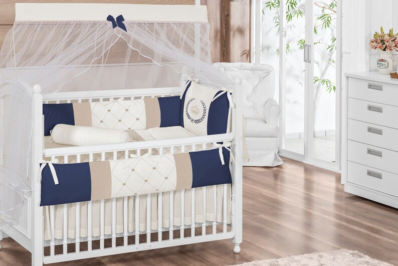 Crown Royal Theme Navy Blue Ivory Beige Baby Boy 7pc Nursery