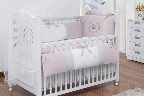 Royal Crown Theme Pink Gray White Baby Girl 7pc Nursery Crib Etsy