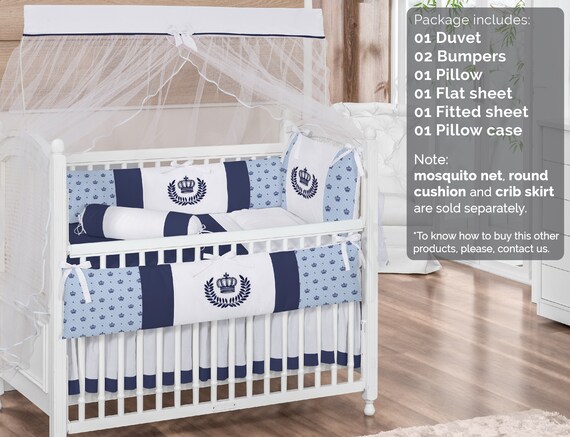 Royal Crown Theme Blue White Baby Boy 7pc Nursery Crib Bedding