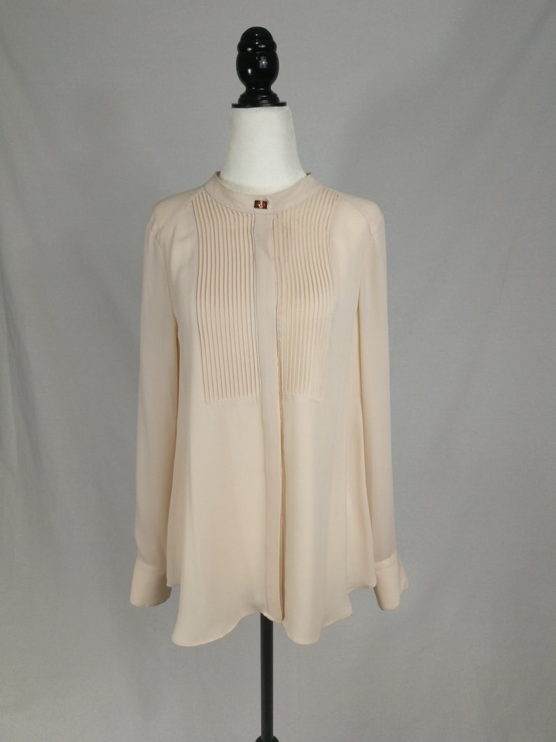 Stunning Minimalist| Delicate Rachel Roy Sz Neutral 70s Inspired Retro Semi-Sheer Blush Tone Blouse with Intricate Pleat Detailing| S