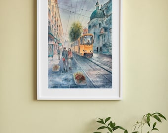 Ukraine Lviv original watercolor painting Summer old town architecture modern home decor Travel above bed vertical wall art made in Ukraine