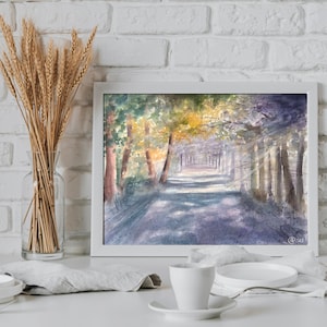 Dipinto ad acquerello originale della foresta estiva, paesaggio naturale colorato, arte murale orizzontale, sole sugli alberi, arredamento per il soggiorno, realizzato in Ucraina