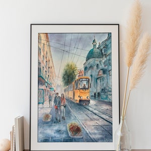 Oekraïne Lviv originele aquarel schilderij zomer oude stad architectuur modern interieur reizen boven bed verticale muurkunst gemaakt in Oekraïne