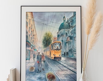 Ukraine Lviv original watercolor painting Summer old town architecture modern home decor Travel above bed vertical wall art made in Ukraine