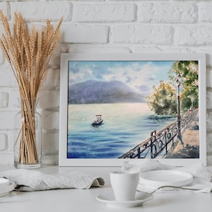 Lugano Lake Switzerland Watercolor Painting: Alps Mountain Landscape Art (30x40 cm)
