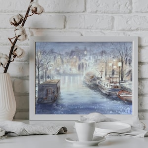 Amsterdam Watercolor Painting: Winter Cityscape, Boat Reflections, 30x40 cm cotton paper