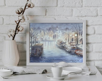 Amsterdam original watercolor painting Scenic boat canal landscape hand painted winter charm Urban tranquility reflections Ukraine made