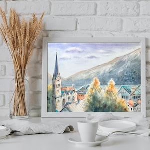 Austria Hallstatt original watercolor painting Alps mountains Europe city modern wall art 30 x 40 horizontal above bed decor made in Ukraine