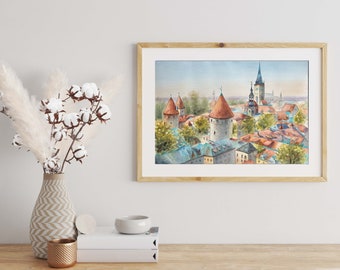 Estonia summer landscape original watercolor painting St. Olaf church Tallinn Europe city modern 30 x 40 wall art on paper Ukraine made