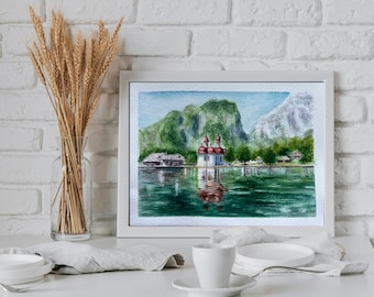 Bavaria Konigsee Original Watercolor Painting: Germany Summer Landscape Art