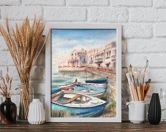 Boats modern wall art original watercolor painting Coastal charm contemporary nautical vibes Wall hanging living room gift Ukraine made