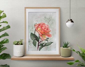 Pink rose original watercolor painting Floral wall art Botanical nature inspired vertical above bed decor Elegant gift made in Ukraine