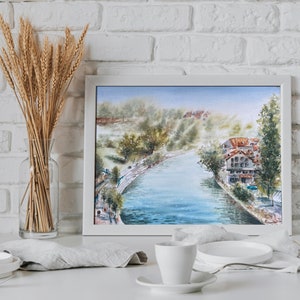 Bern, Switzerland landscape original watercolor painting, european city theme art work, summer landscape living room decor 30 x 40 cm