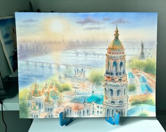 Kyiv Pechersk Lavra Watercolor Painting – Original 30×40cm Cityscape Art, Ukrainian Architecture Wall Decor