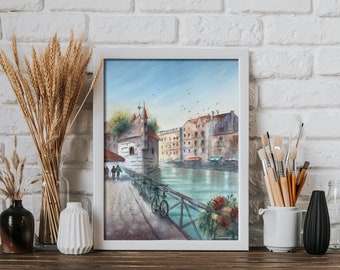 Amsterdam original watercolor painting Dutch cityscape harbour nautical wall art Europe city canal summer landscape 30 x 40 cm Ukraine made