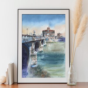 Dipinto originale ad acquerello, Italia, Roma, area della baia, città europea, arredamento moderno per la casa, ponte Sant'Angelo, arte murale verticale 30 x 40 cm, regalo per amanti dell'arte