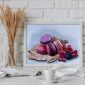 Dipinto originale ad acquerello di macarons, cucina con lamponi, arte murale moderna, decorazione murale pittorica realizzata in Ucraina, piccola arte murale dipinta a mano