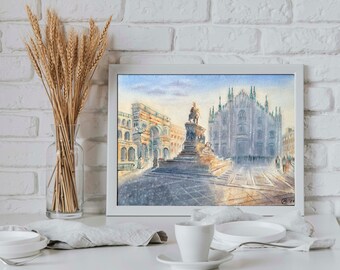 Milan Italy Watercolor Painting: European City Art, 30x40cm