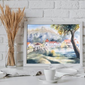 Switzerland original watercolor painting Alps mountains valley summer landscape Europe modern wall art 30 x 40 horizontal Ukraine made gift