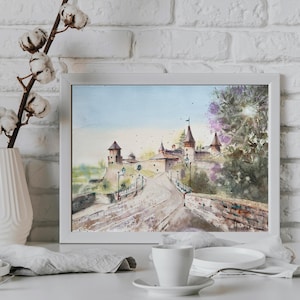 Ucraina, fortezza di Kamyanets Podilskyi, dipinto ad acquerello originale, architettura della città vecchia, regalo d'arte moderna dipinta a mano, 30 x 40 cm su carta